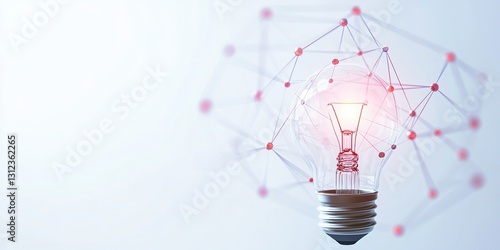 Glowing lightbulb with interconnected nodes, abstract network concept. Soft lighting, white background. Innovative, technology idea