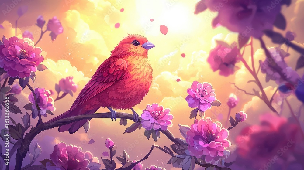 Cheerful Bird Perched on Blooming Branch Surrounded by Vibrant Flowers in a Magical Garden Setting Cheerful Bird Perched on Blooming Branch Surrounded by Vibrant Flowers in a Magical Garden Setting