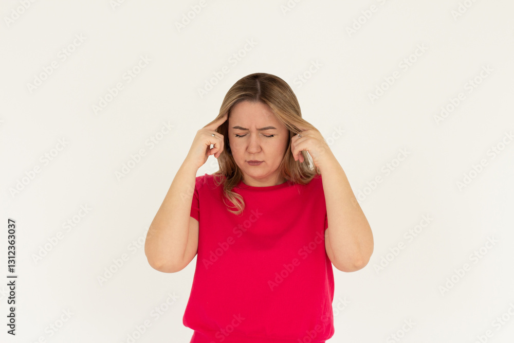 Woman with hard headache holding hands on head. Adult woman touching her temples feeling stress, on white background. Woman suffering from headache. Woman with hard headache holding hands on head. Adult woman touching her temples feeling stress, on white background. Woman suffering from headache.