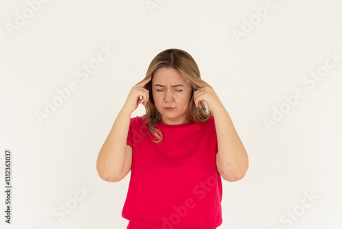 Wallpaper Mural Woman with hard headache holding hands on head. Adult woman touching her temples feeling stress, on white background. Woman suffering from headache. Torontodigital.ca