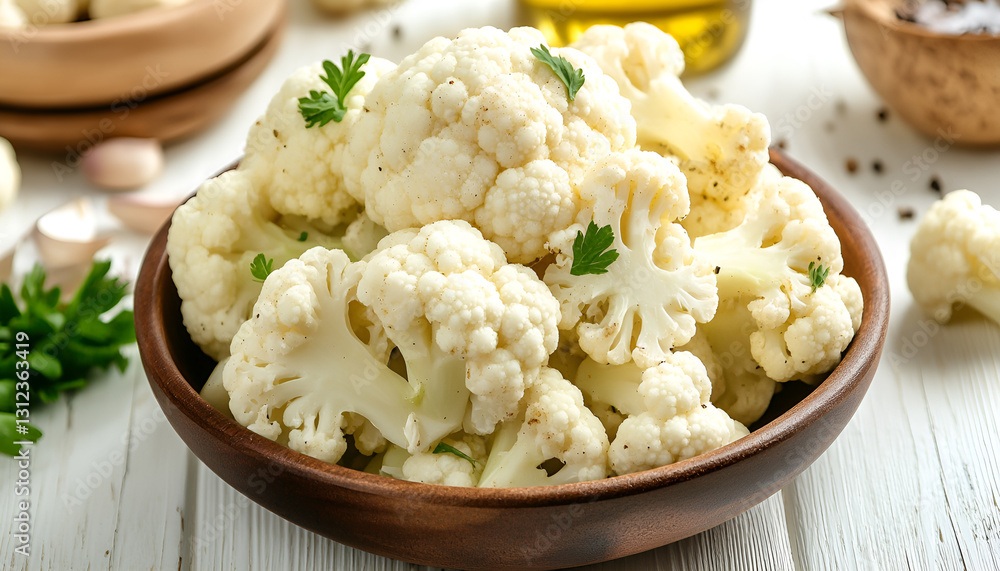 Delicious cooked cauliflower on white wooden table, close-up Delicious cooked cauliflower on white wooden table, close-up