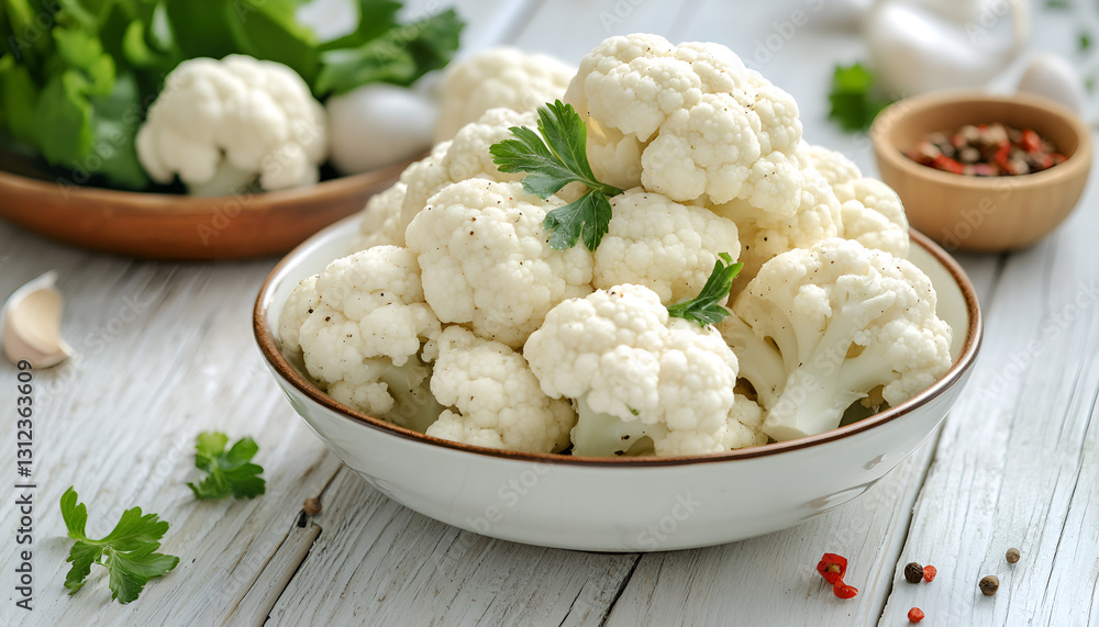 Delicious cooked cauliflower on white wooden table, close-up Delicious cooked cauliflower on white wooden table, close-up