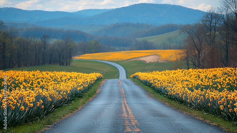 Naklejka premium Spring Road through Daffodil Fields