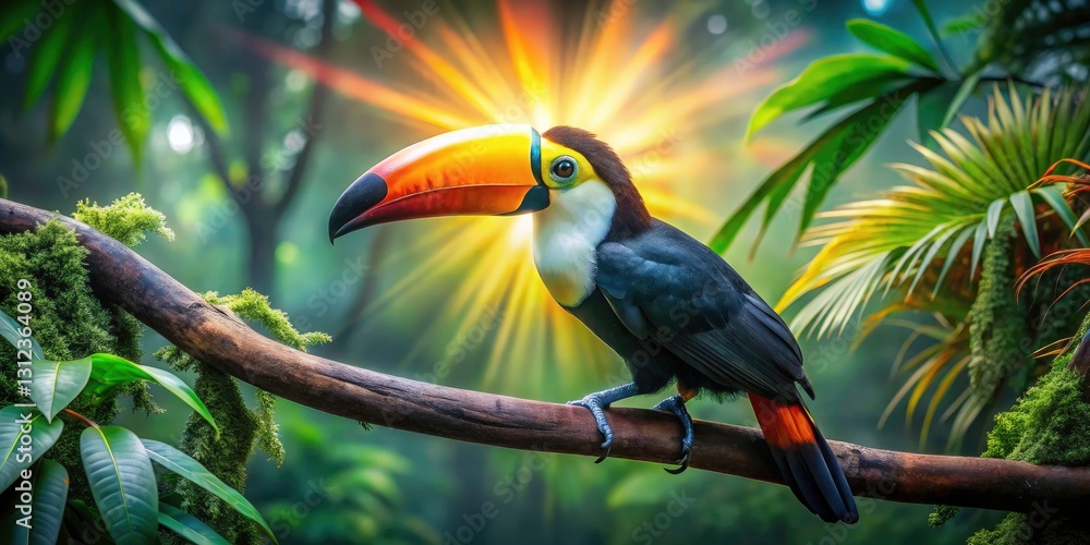 Naklejka premium Surreal Toucan Paradise: Vibrant Bird, Tropical Foliage, Colorful Beaks, Lush Jungle, Fantasy Bird