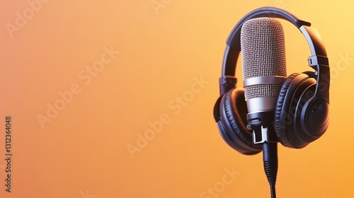 Studio shot of a silver microphone with black headphones, set against a warm orange background. The image has a clean, professional feel