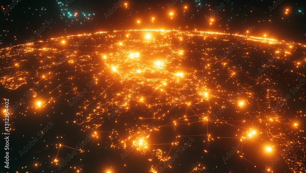 Naklejka premium Brilliant illuminated view of the world showing energy networks overlaid on a dark starry background : Generative AI