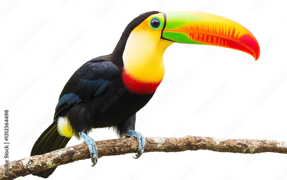 Obraz premium A Beautiful Toucan Perched on a Limb, Its Vibrant Feathers Glowing in the Sun Isolated on transparent background PNG