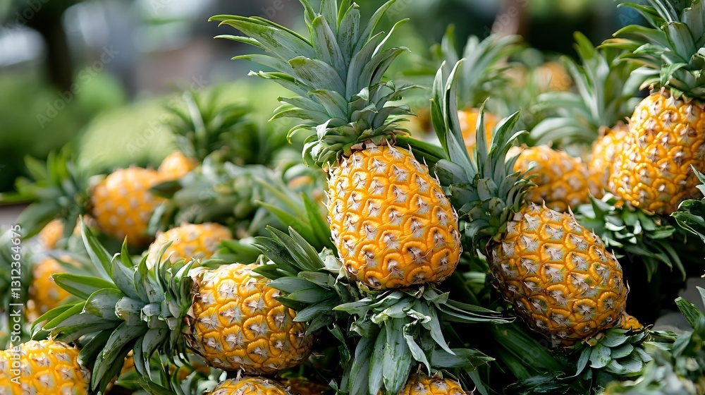 Fresh and Juicy Pineapples Piled High in a Lush Outdoor Setting for Vibrant Market Imagery Fresh and Juicy Pineapples Piled High in a Lush Outdoor Setting for Vibrant Market Imagery