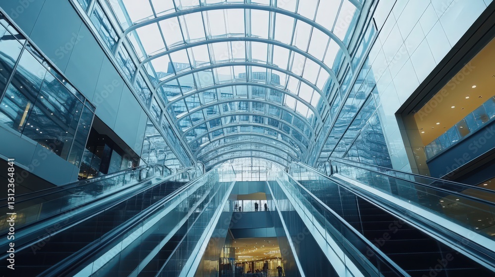 Architectural composition of modern interior escalators and glass ceiling Architectural composition of modern interior escalators and glass ceiling