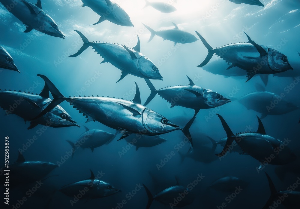 Obraz premium Underwater Scene Featuring Schools of Tuna Swimming Through Sunlit Ocean Waters with Beautiful Light Rays Filtering Through and Creating a Serene Ambiance