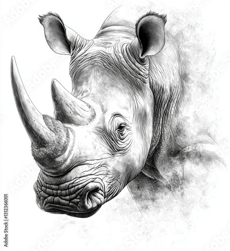Monochromatic sketch of a rhinoceros head and shoulders, detailed texture and subtle shading, against a light gray background. 