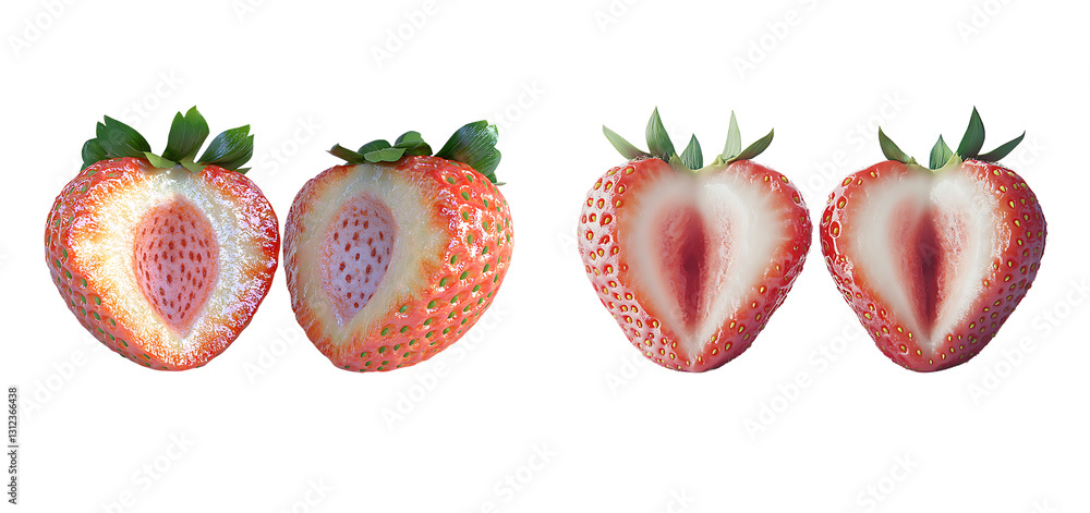 Four fresh strawberries with unique interiors isolated Four fresh strawberries with unique interiors isolated