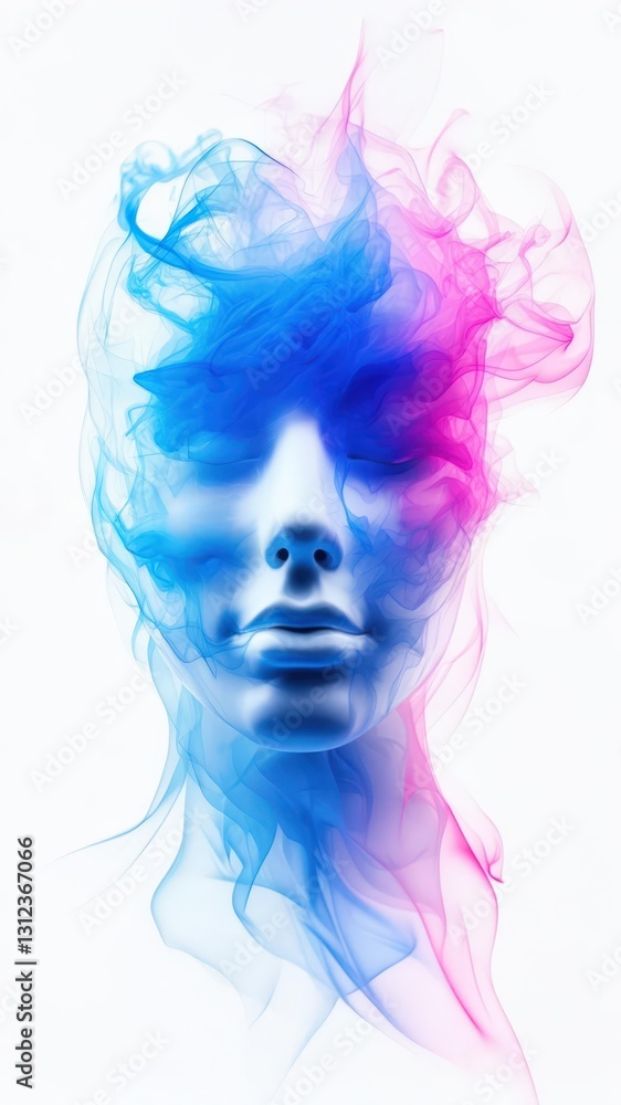 Abstract artistic portrait of a human face formed by colorful blue and pink smoke on a white background, symbolizing creativity and imagination Abstract artistic portrait of a human face formed by colorful blue and pink smoke on a white background, symbolizing creativity and imagination