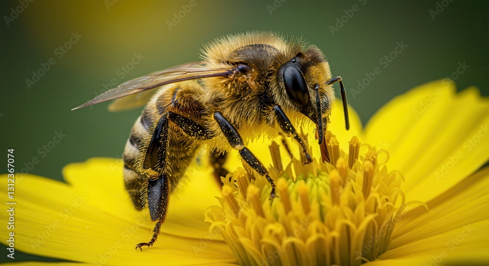 Honey Bee Collecting Pollen From a Bright Yellow Flower Close Up Honey Bee Collecting Pollen From a Bright Yellow Flower Close Up