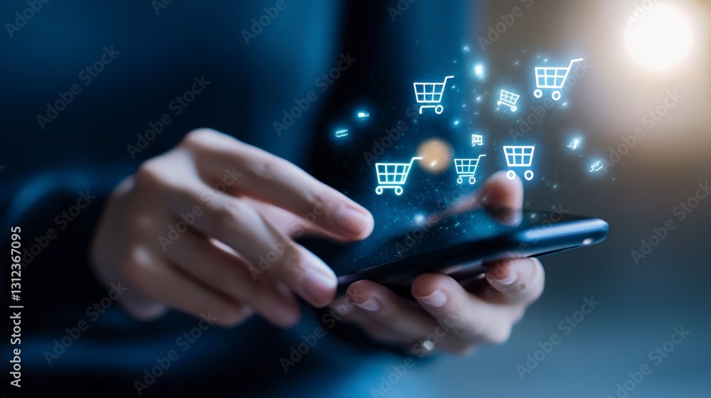 Person using smartphone, glowing shopping cart icons emerge from screen, dark background, close up view of hands, online shopping concept Person using smartphone, glowing shopping cart icons emerge from screen, dark background, close up view of hands, online shopping concept