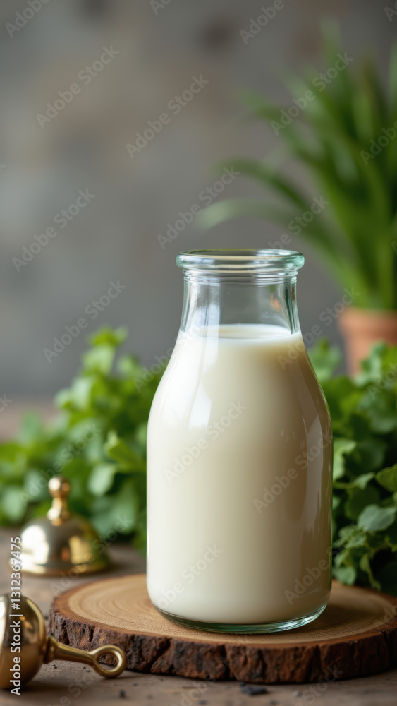A glass bottle of A2A2 milk on a wooden surface with herbs and a bell behind it. A glass bottle of A2A2 milk on a wooden surface with herbs and a bell behind it.