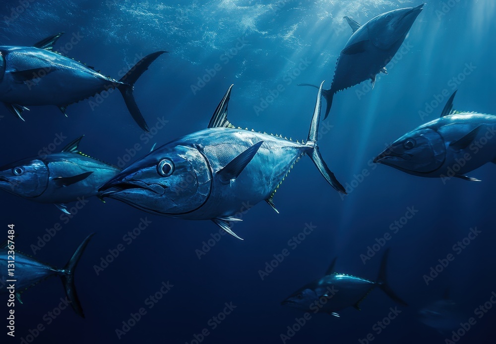 Fototapeta premium Underwater Scene of Bluefin Tuna Swimming in Deep Ocean with Sunlight Beaming Through Water Surface, Capturing Marine Life in Vibrant Colors