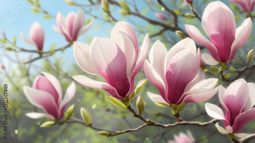 Close-up of blooming pink and white magnolia flowers on tree branches in springtime with blurred background