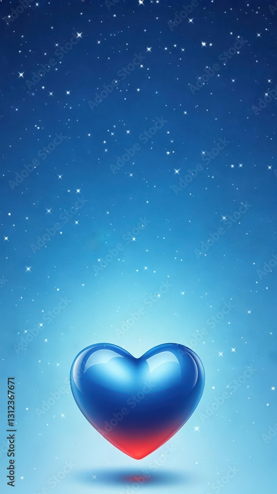 Glossy blue and red heart shape against a starry night sky background, symbolizing love, romance, and passion Glossy blue and red heart shape against a starry night sky background, symbolizing love, romance, and passion
