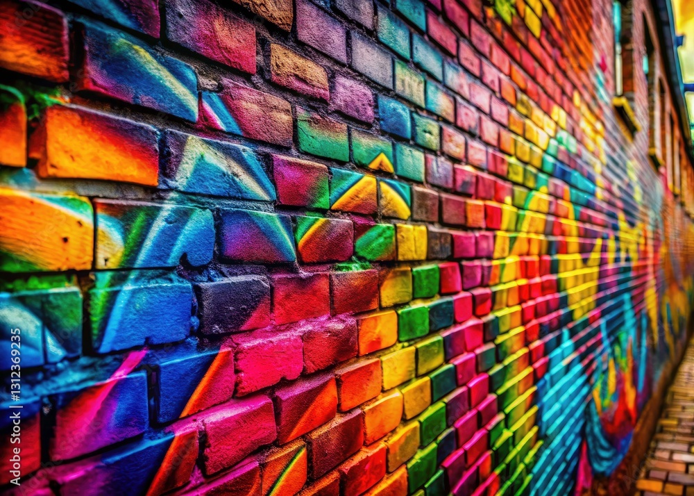 Fototapeta premium Urban Graffiti Brick Wall Texture: Rich Spray Paint Patterns & Colors