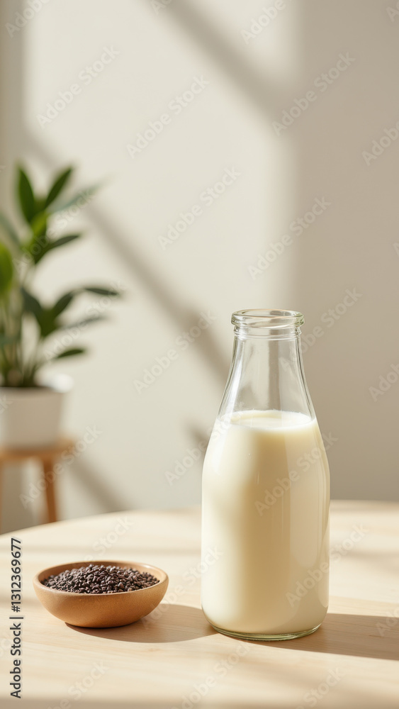 Freshly bottled milk on a table with natural light. Freshly bottled milk on a table with natural light.