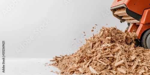 A pile of wood chips is scattered on the ground, with a large orange machine in the background. Concept of hard work and manual labor photo