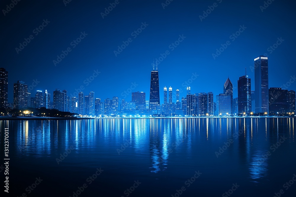 Stunning Chicago Skyline Illuminated by Night with Reflective Waters Under a Starry Sky : Generative AI Stunning Chicago Skyline Illuminated by Night with Reflective Waters Under a Starry Sky : Generative AI