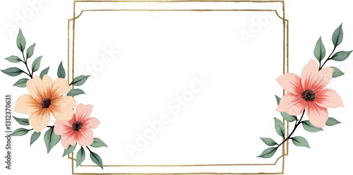 Watercolor floral pink flower invitations with golden frame and abstract white background | Adobe Illustrator Artwork