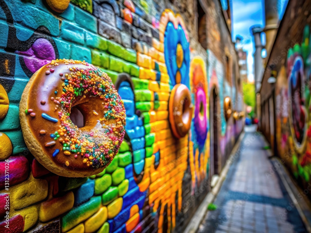 Fototapeta premium Vibrant Graffiti Donut Wall Art: Creative Street Food Mural Photography