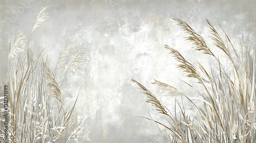 Serene, textured background featuring tall grasses in muted gold and white tones against a grey, mottled backdrop