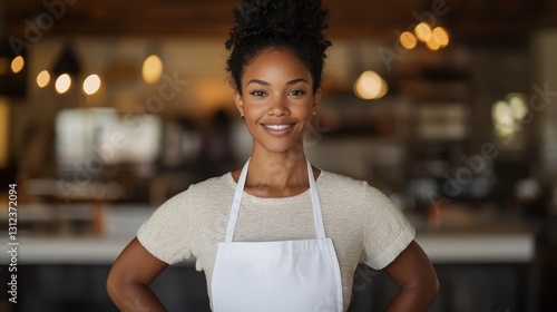Portrait young woman wearing apron standing and smile in the kitchen. ai generated