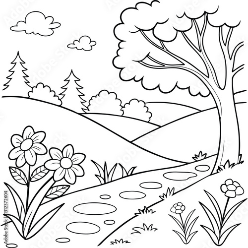 Landscape with  clouds, mountains, field, trees, bushes and flowers. Vector hand-drawn illustration in doodle style coloring page