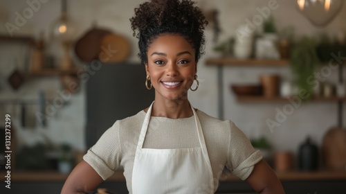 Portrait young woman wearing apron standing and smile in the kitchen. ai generated