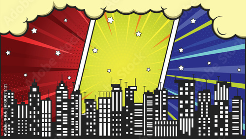 Comic cartoon frame versus template with city silhouette