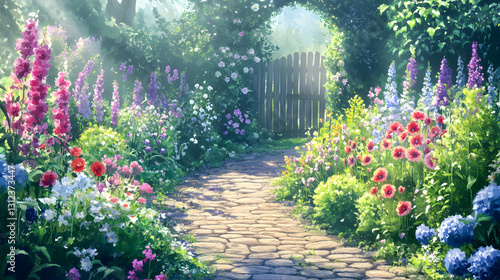 Sunlit Garden Path Leading to Wooden Gate