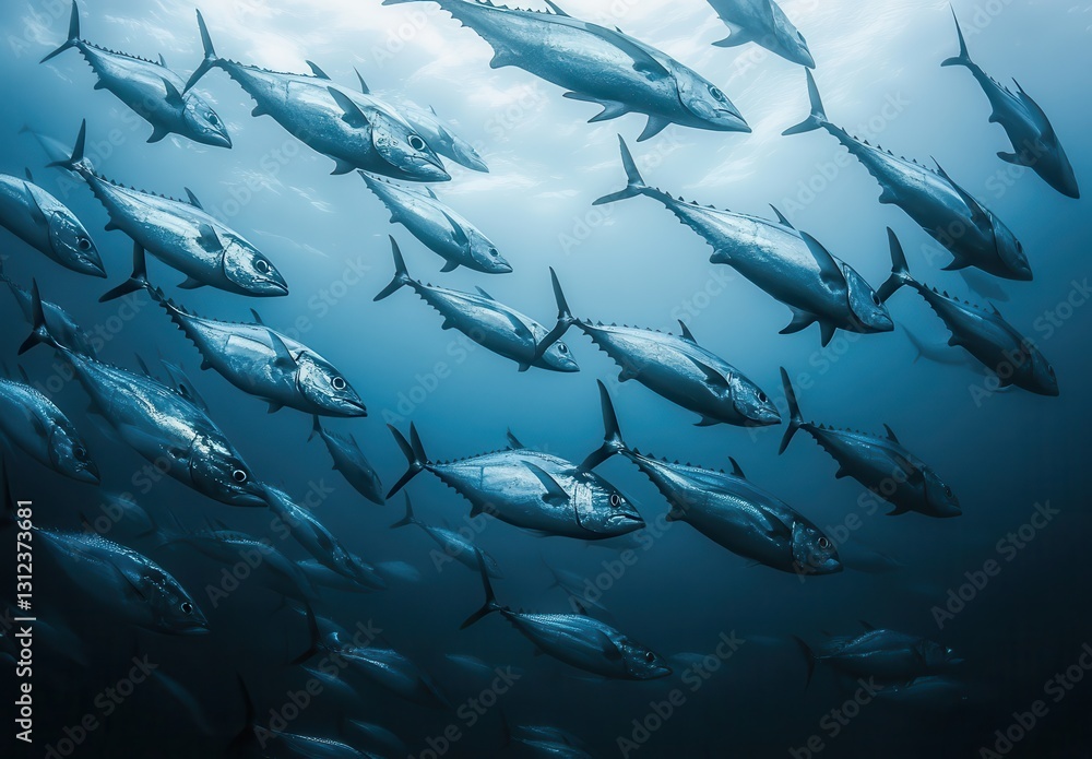 Obraz premium Underwater School of Tuna Fish Swimming Gracefully in Deep Blue Ocean Water Surrounded by Sunlight and Bubbles