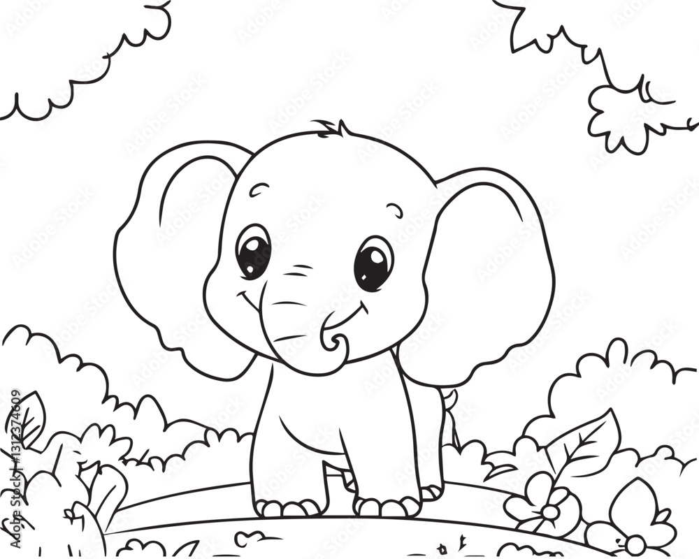Fototapeta premium Friendly baby elephant enjoys a peaceful moment in a lush jungle. His friendly expression and kind presence make this a perfect illustration for children's educational fun.