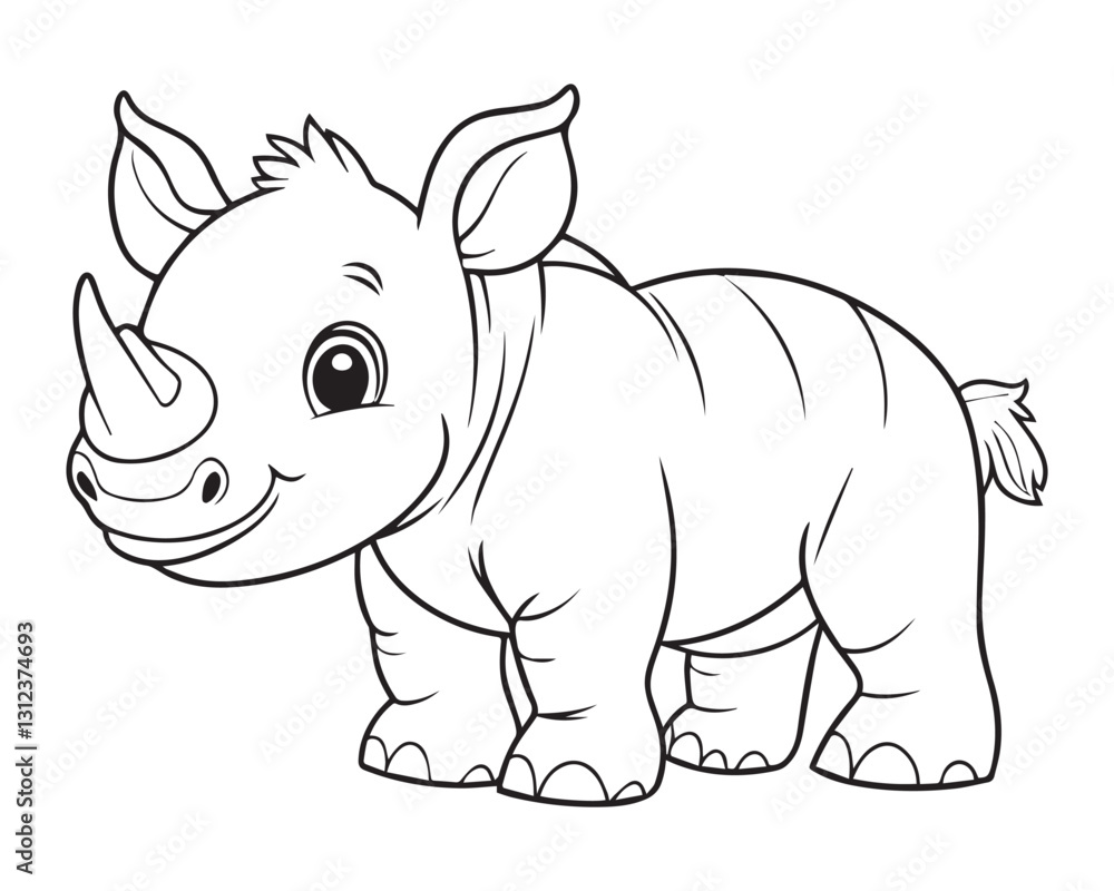 Naklejka premium Playful baby rhino with a cheerful expression brings fun energy to this cartoon drawing. His playful nature makes this fun illustration great for kids’ creative activities