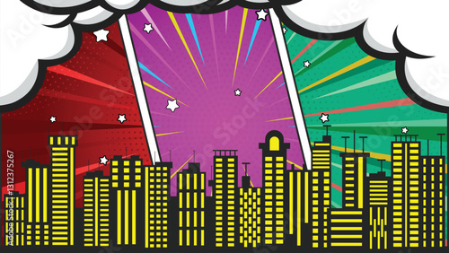 Colorful comic scene background with city silhouette