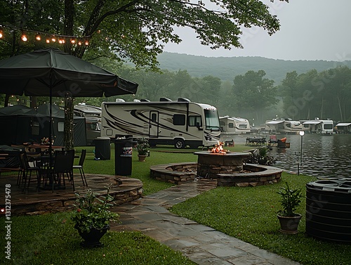 Rainy Lakeside RV Campground Gathering