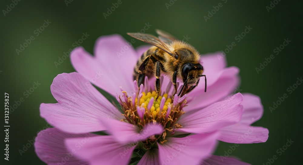 Honeybee Collecting Pollen on a Pink Flower in Close-up View Honeybee Collecting Pollen on a Pink Flower in Close-up View