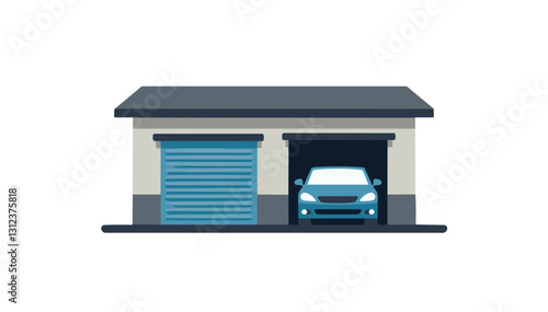 Garage with parked blue car in flat design.