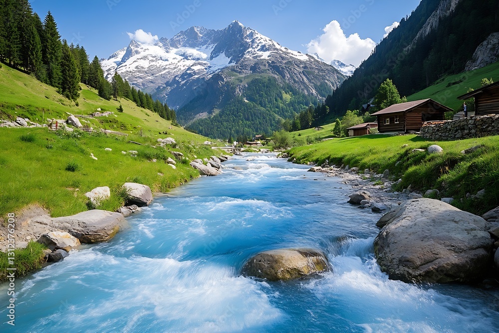 Serene Stream Flowing Through Lush Green Valley with Snowy Peaks in Background and Rustic Wooden Homes : Generative AI Serene Stream Flowing Through Lush Green Valley with Snowy Peaks in Background and Rustic Wooden Homes : Generative AI