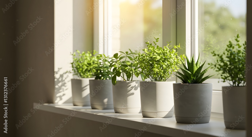 Fototapeta premium Sunlit Windowsill Greenery: A Row of Vibrant Houseplants