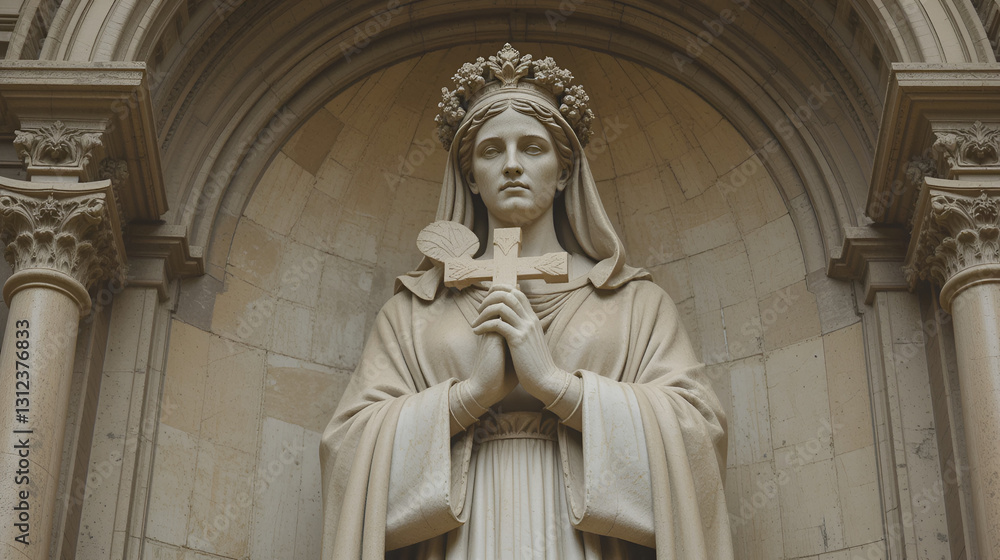 Sculpture of Gran Madre Church in Turin . Carved statue with cross in the hands Sculpture of Gran Madre Church in Turin . Carved statue with cross in the hands