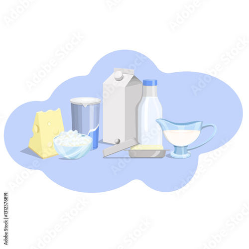Composition dairy products milk, cottage cheese, cream, butter, cheese, sour cream.Vector illustration of food.
