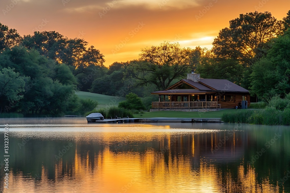 Fototapeta premium Beautiful log cabin with landscaped surroundings at dusk reflecting on the calm lake : Generative AI