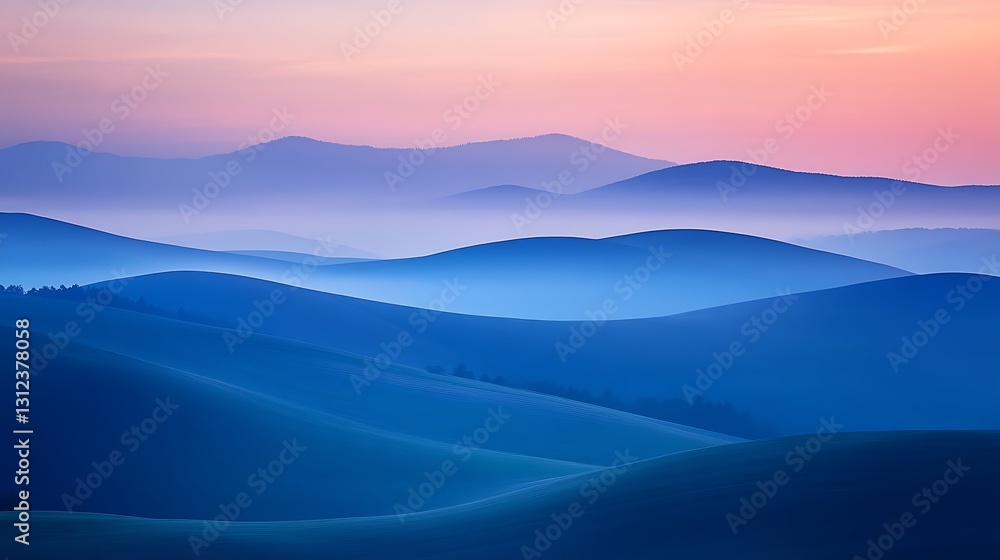 Soft morning light bathes the misty hills, welcoming a peaceful new day Soft morning light bathes the misty hills, welcoming a peaceful new day