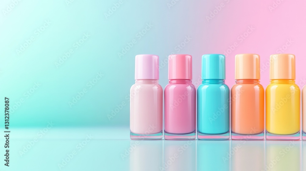 brightly colored nail polishes arranged in neat line on smooth reflective surface with gentle gradient background illuminated brightly colored nail polishes arranged in neat line on smooth reflective surface with gentle gradient background illuminated
