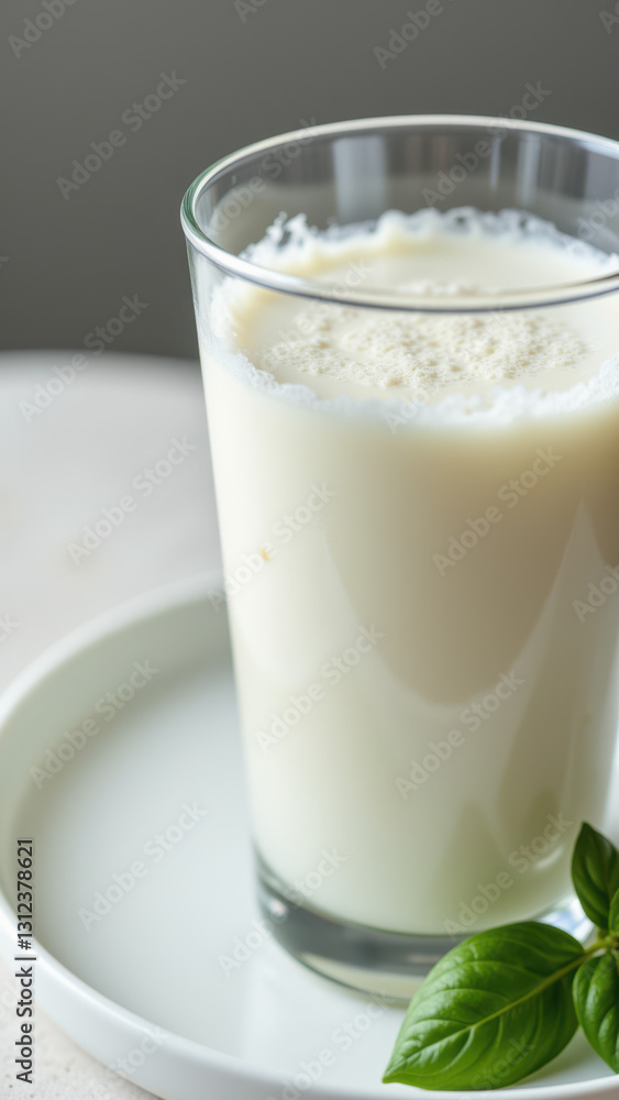 Glass of creamy milk sitting on a white plate with a sprig of mint on the table. Glass of creamy milk sitting on a white plate with a sprig of mint on the table.